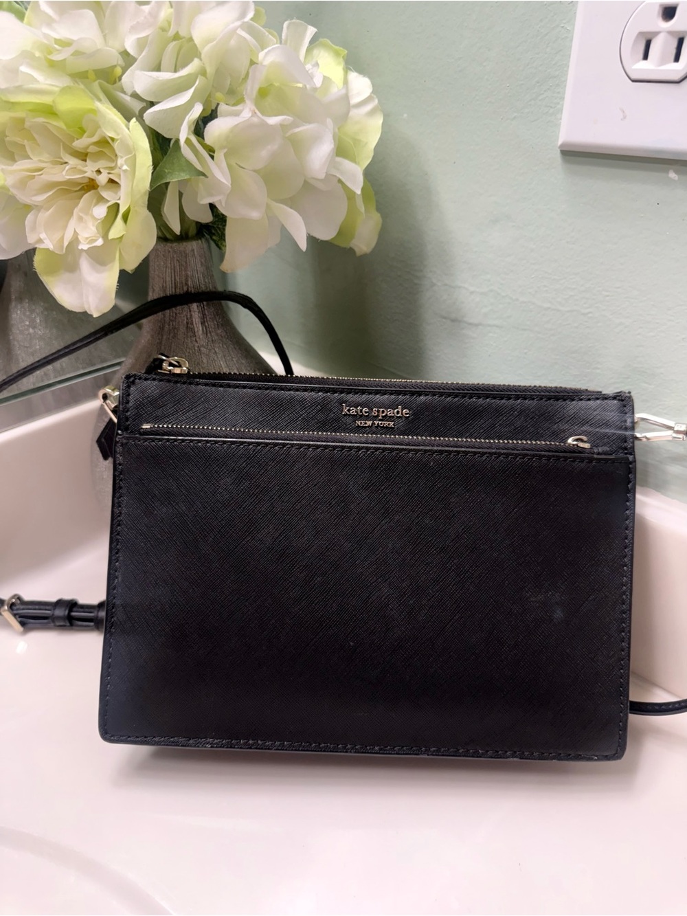 kate spade Black Saffiano Leather Crossbody Bag with Gold Hardware